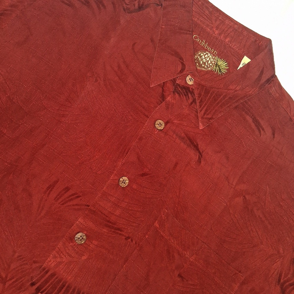 Caribbean Mens Silk Cotton Blend Tropical Palm Jacquard Shirt Red Large